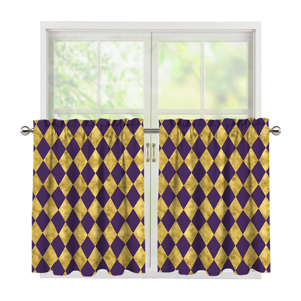 Purple And Gold Harlequin Pattern Print Tier Curtains