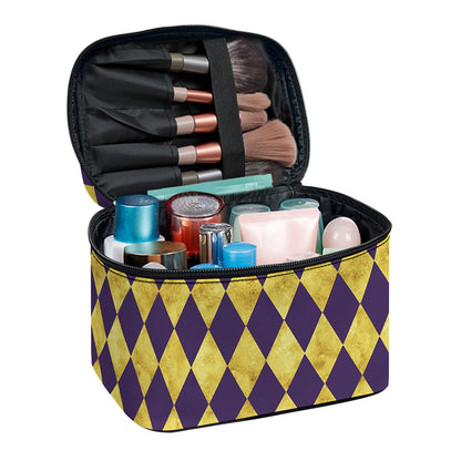 Purple And Gold Harlequin Pattern Print Travel Makeup Bag