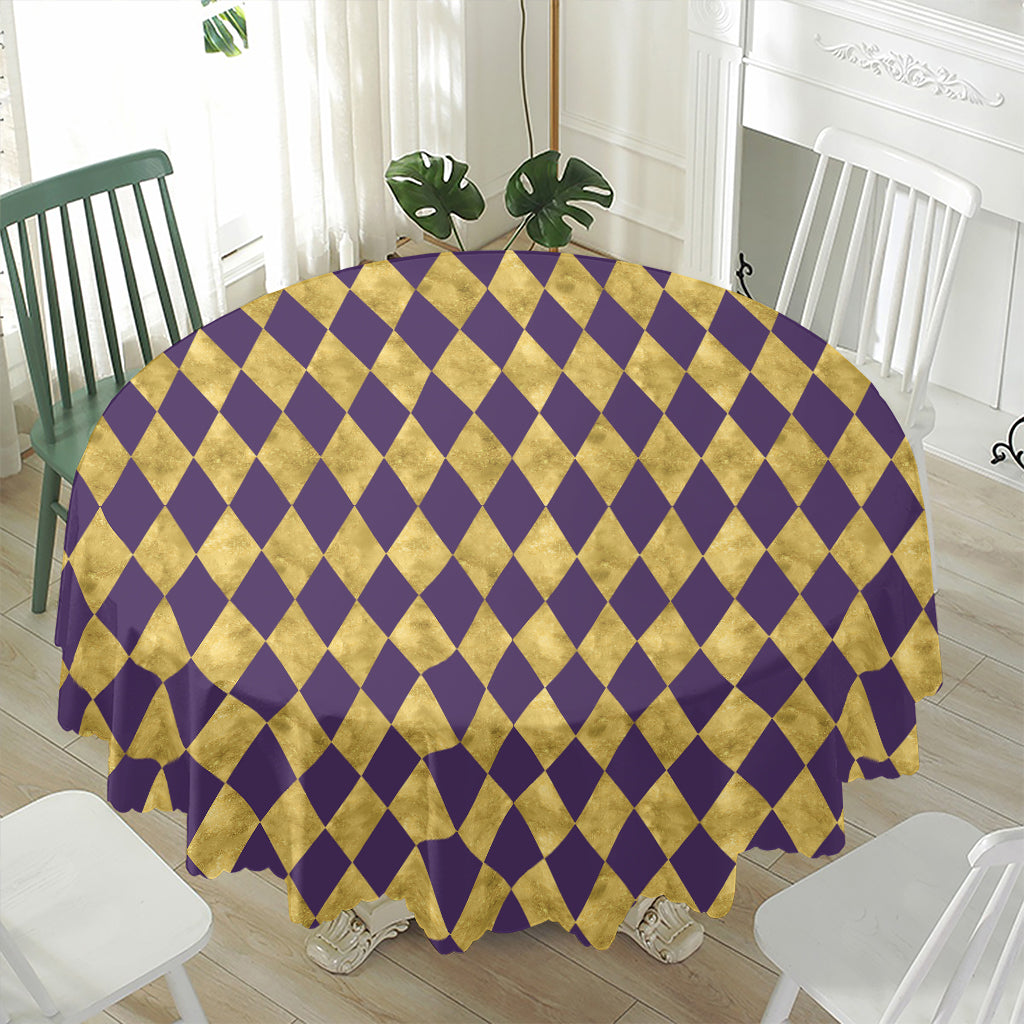 Purple And Gold Harlequin Pattern Print Waterproof Round Tablecloth
