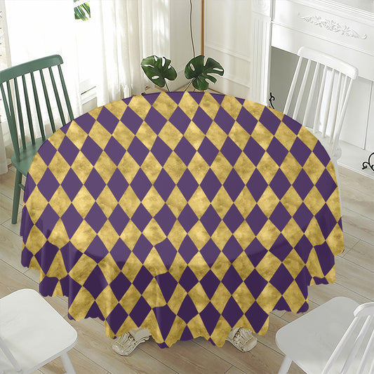 Purple And Gold Harlequin Pattern Print Waterproof Round Tablecloth