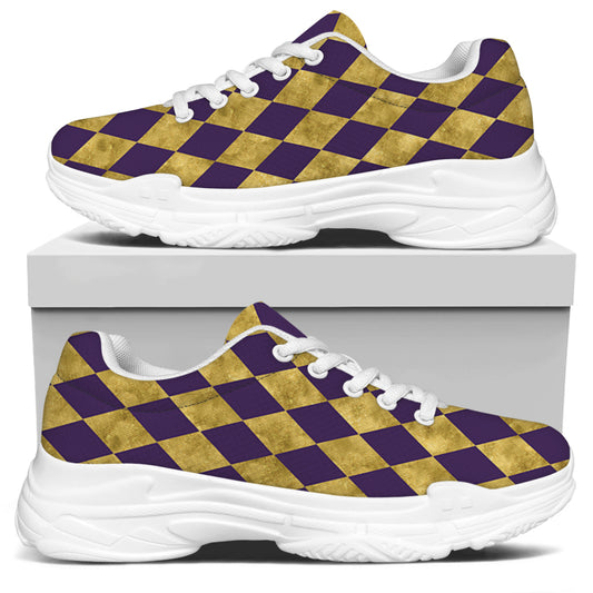 Purple And Gold Harlequin Pattern Print White Chunky Shoes