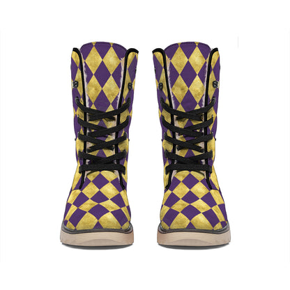 Purple And Gold Harlequin Pattern Print Winter Boots