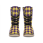 Purple And Gold Harlequin Pattern Print Winter Boots