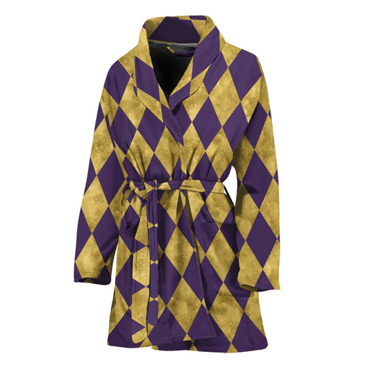 Purple And Gold Harlequin Pattern Print Women's Bathrobe