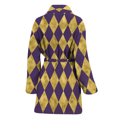 Purple And Gold Harlequin Pattern Print Women's Bathrobe