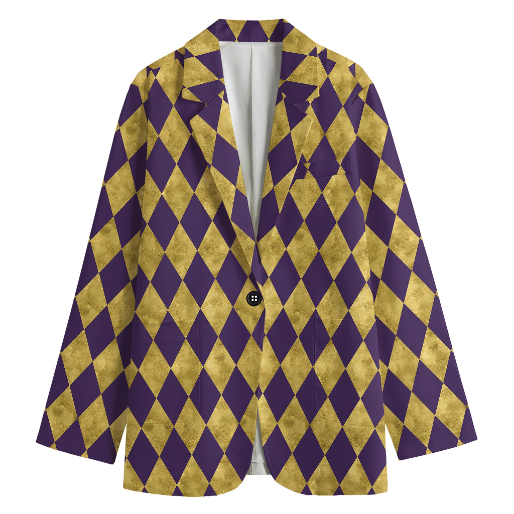 Purple And Gold Harlequin Pattern Print Women's Blazer
