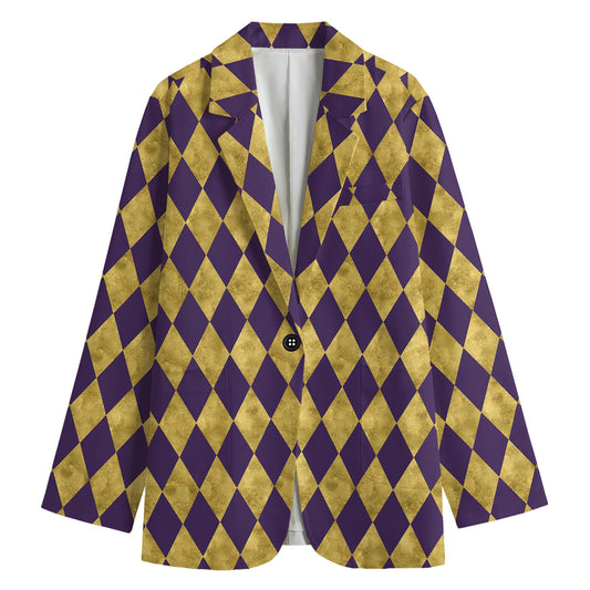 Purple And Gold Harlequin Pattern Print Women's Blazer