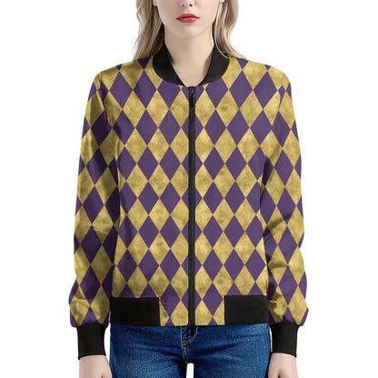 Purple And Gold Harlequin Pattern Print Women's Bomber Jacket