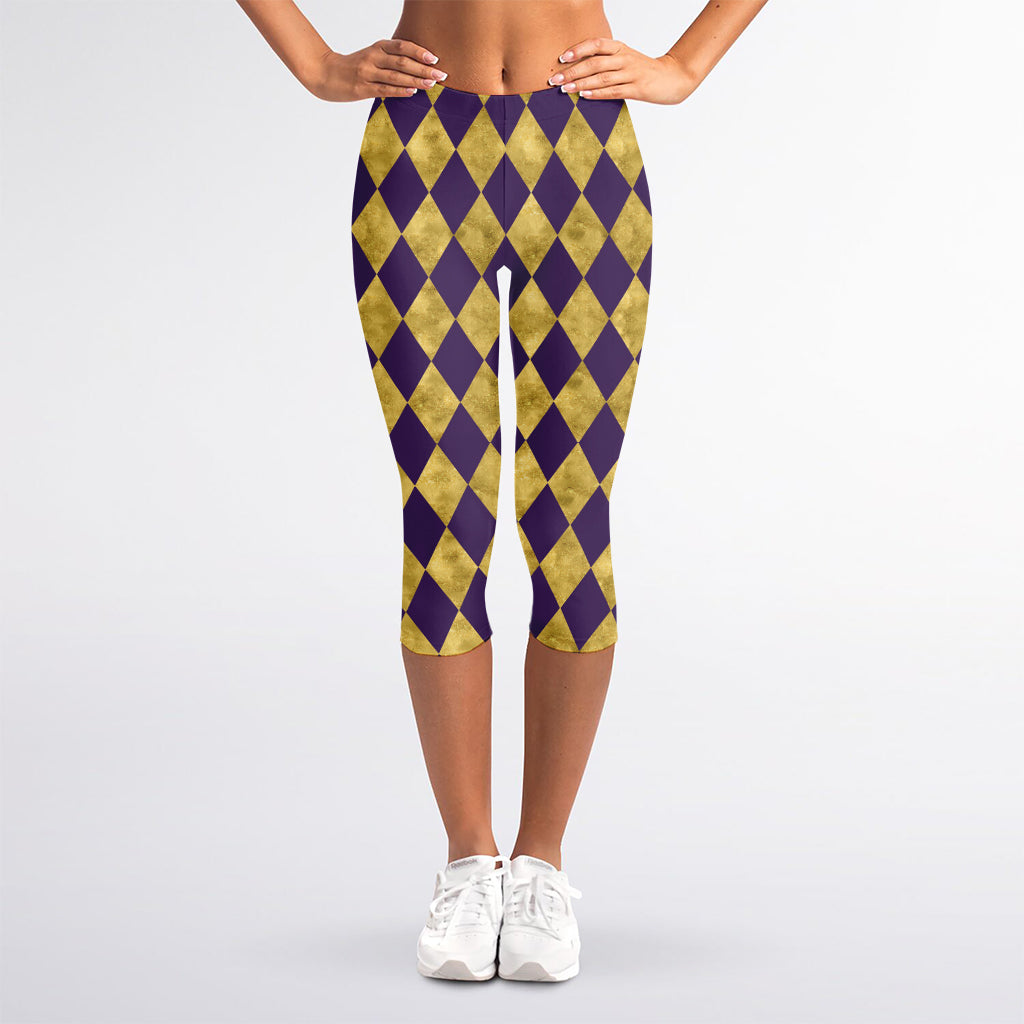 Purple And Gold Harlequin Pattern Print Women's Capri Leggings