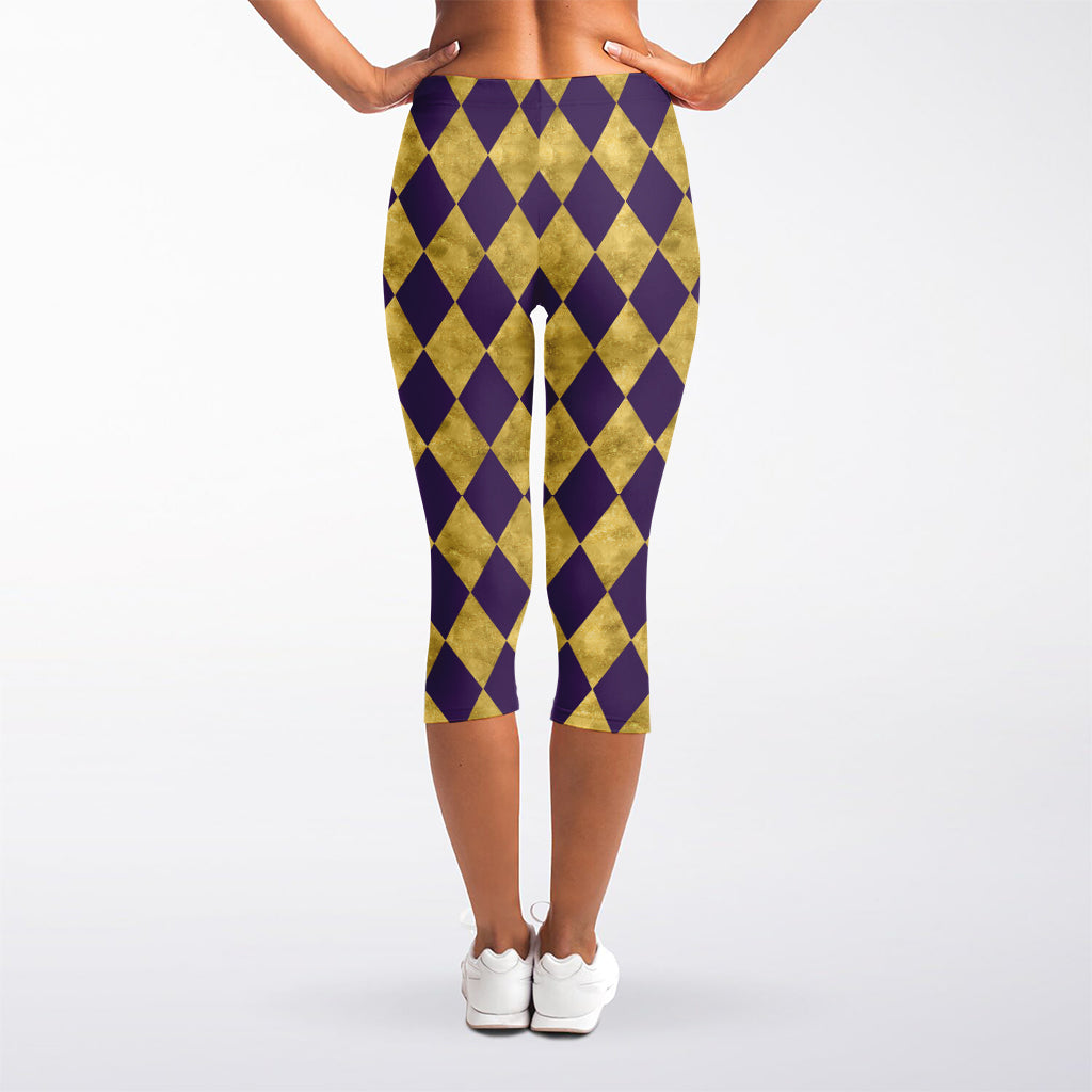 Purple And Gold Harlequin Pattern Print Women's Capri Leggings