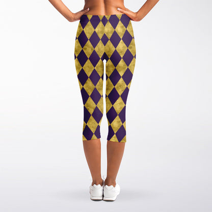 Purple And Gold Harlequin Pattern Print Women's Capri Leggings