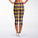 Purple And Gold Harlequin Pattern Print Women's Capri Leggings