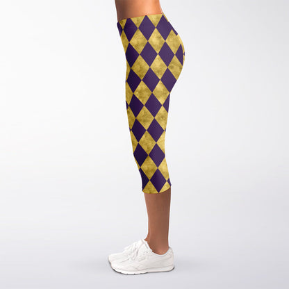 Purple And Gold Harlequin Pattern Print Women's Capri Leggings