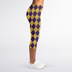 Purple And Gold Harlequin Pattern Print Women's Capri Leggings