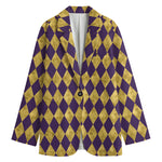 Purple And Gold Harlequin Pattern Print Women's Cotton Blazer