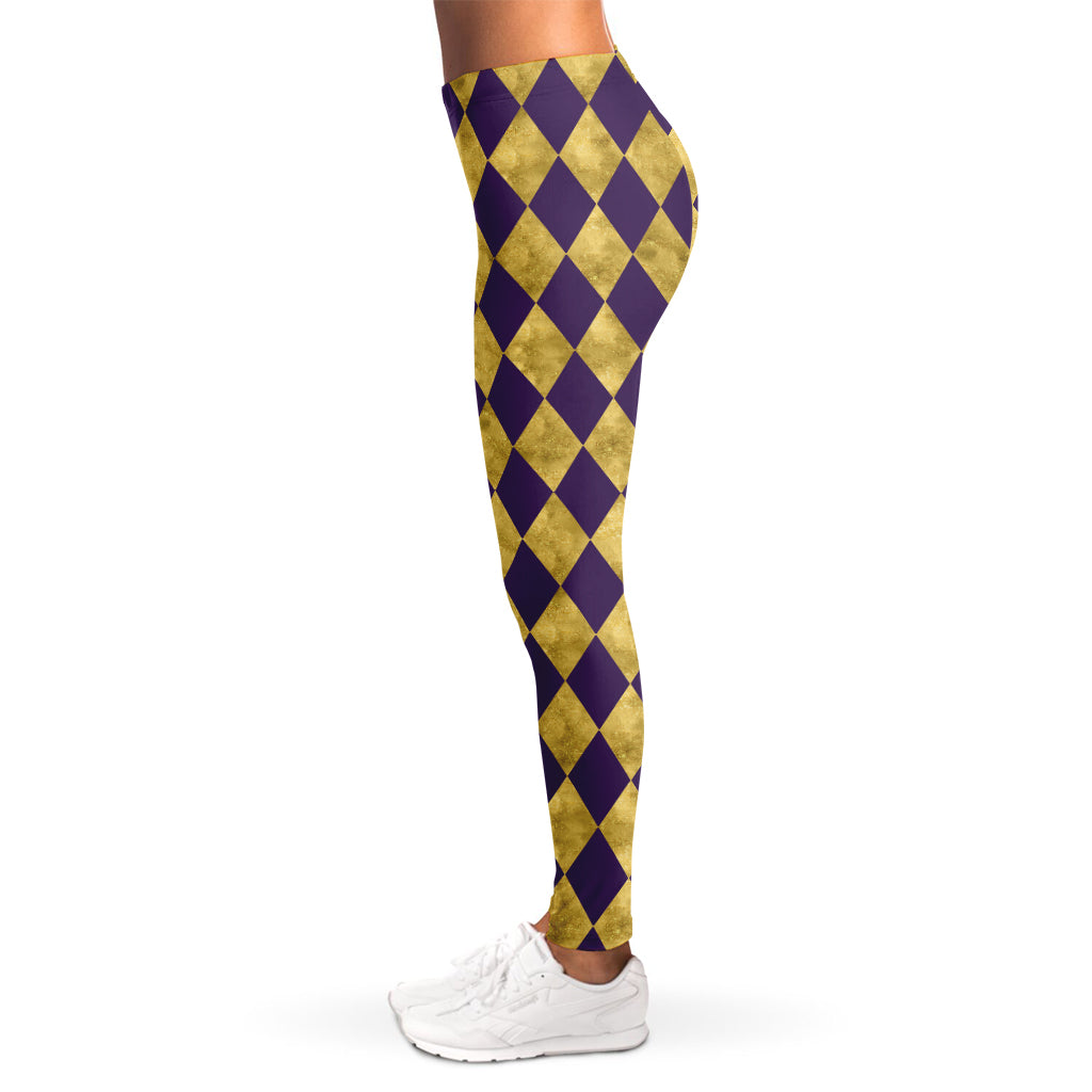 Purple And Gold Harlequin Pattern Print Women's Leggings