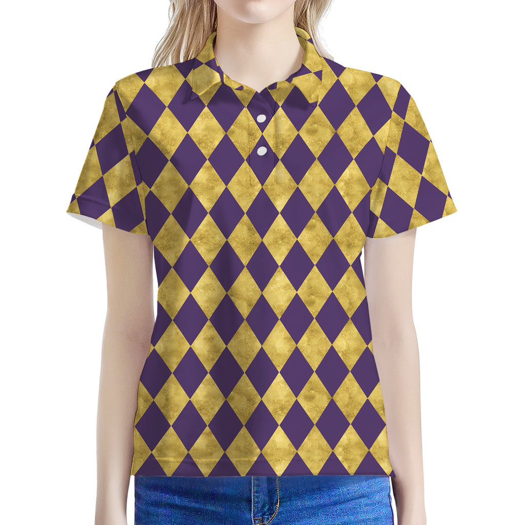 Purple And Gold Harlequin Pattern Print Women's Polo Shirt