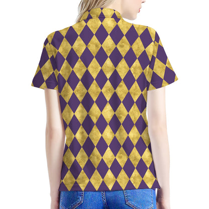 Purple And Gold Harlequin Pattern Print Women's Polo Shirt