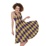 Purple And Gold Harlequin Pattern Print Women's Sleeveless Dress