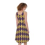 Purple And Gold Harlequin Pattern Print Women's Sleeveless Dress