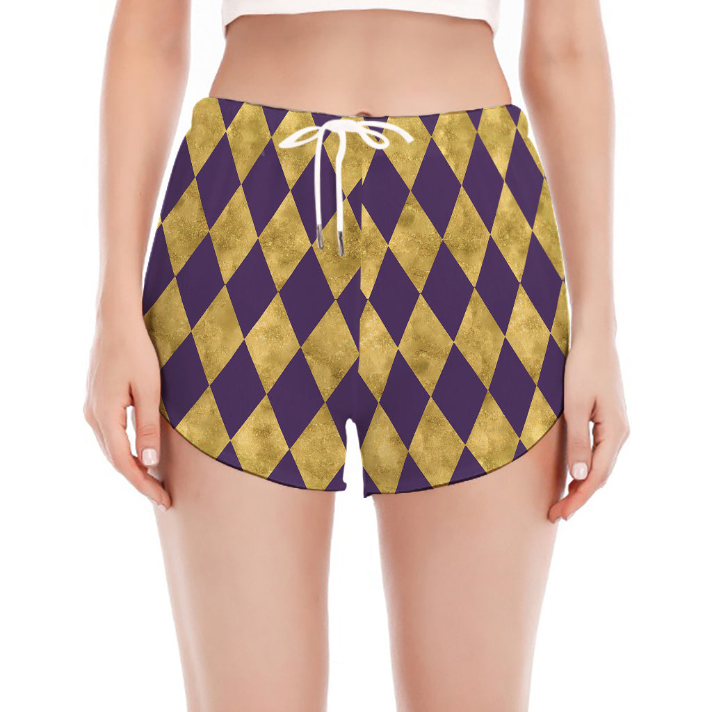 Purple And Gold Harlequin Pattern Print Women's Split Running Shorts