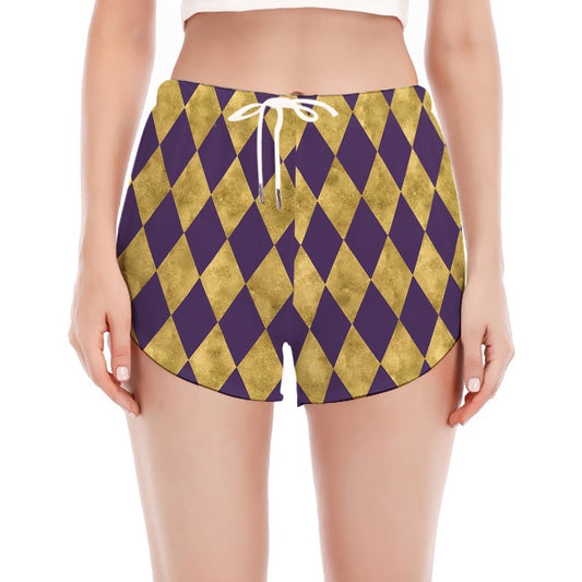 Purple And Gold Harlequin Pattern Print Women's Split Running Shorts