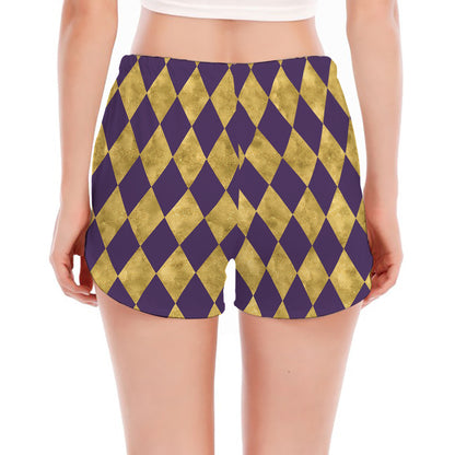 Purple And Gold Harlequin Pattern Print Women's Split Running Shorts