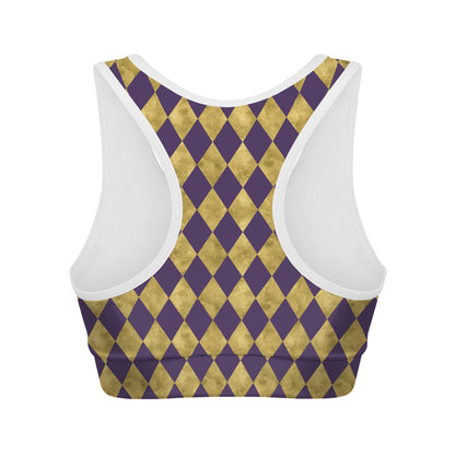 Purple And Gold Harlequin Pattern Print Women's Sports Bra