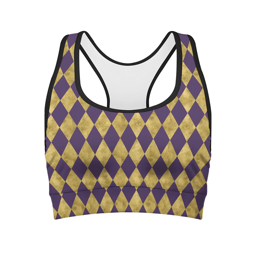 Purple And Gold Harlequin Pattern Print Women's Sports Bra