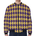 Purple And Gold Harlequin Pattern Print Zip Sleeve Bomber Jacket