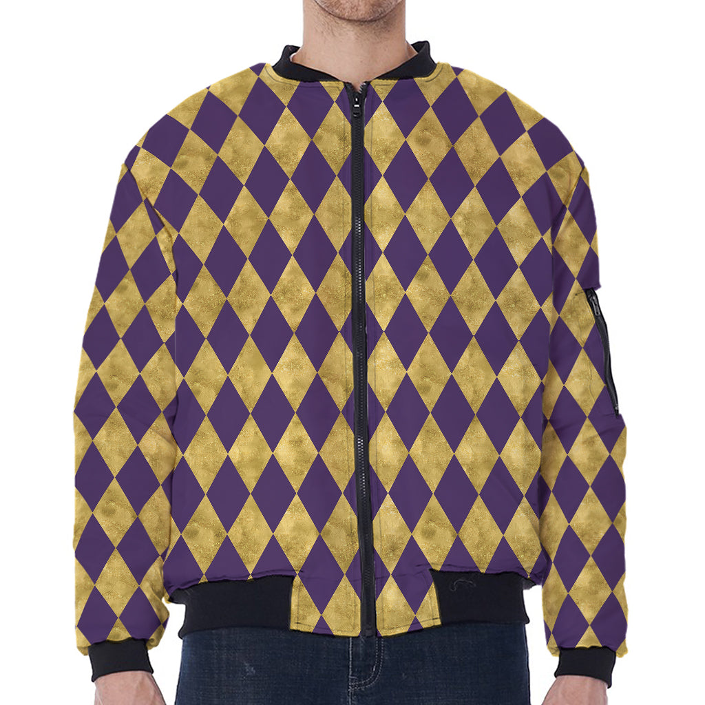 Purple And Gold Harlequin Pattern Print Zip Sleeve Bomber Jacket