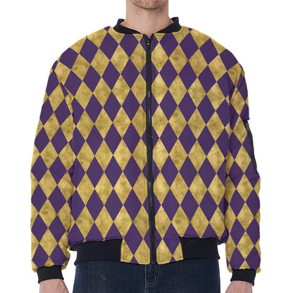 Purple And Gold Harlequin Pattern Print Zip Sleeve Bomber Jacket