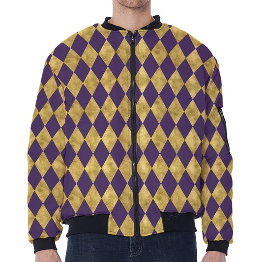 Purple And Gold Harlequin Pattern Print Zip Sleeve Bomber Jacket