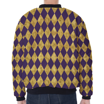 Purple And Gold Harlequin Pattern Print Zip Sleeve Bomber Jacket