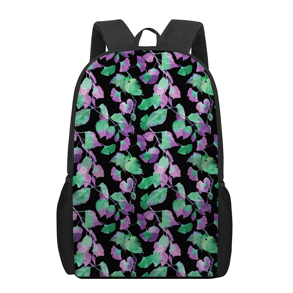 Purple And Green Leaf Pattern Print 17 Inch Backpack