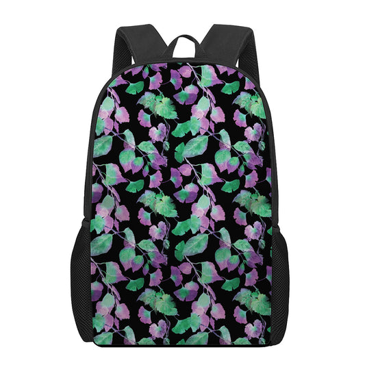 Purple And Green Leaf Pattern Print 17 Inch Backpack