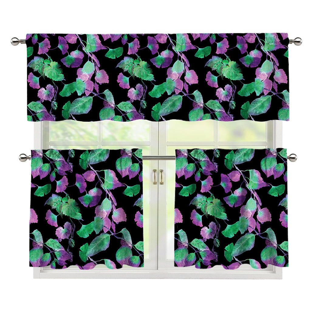 Purple And Green Leaf Pattern Print 3 Piece Kitchen Curtains
