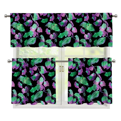 Purple And Green Leaf Pattern Print 3 Piece Kitchen Curtains