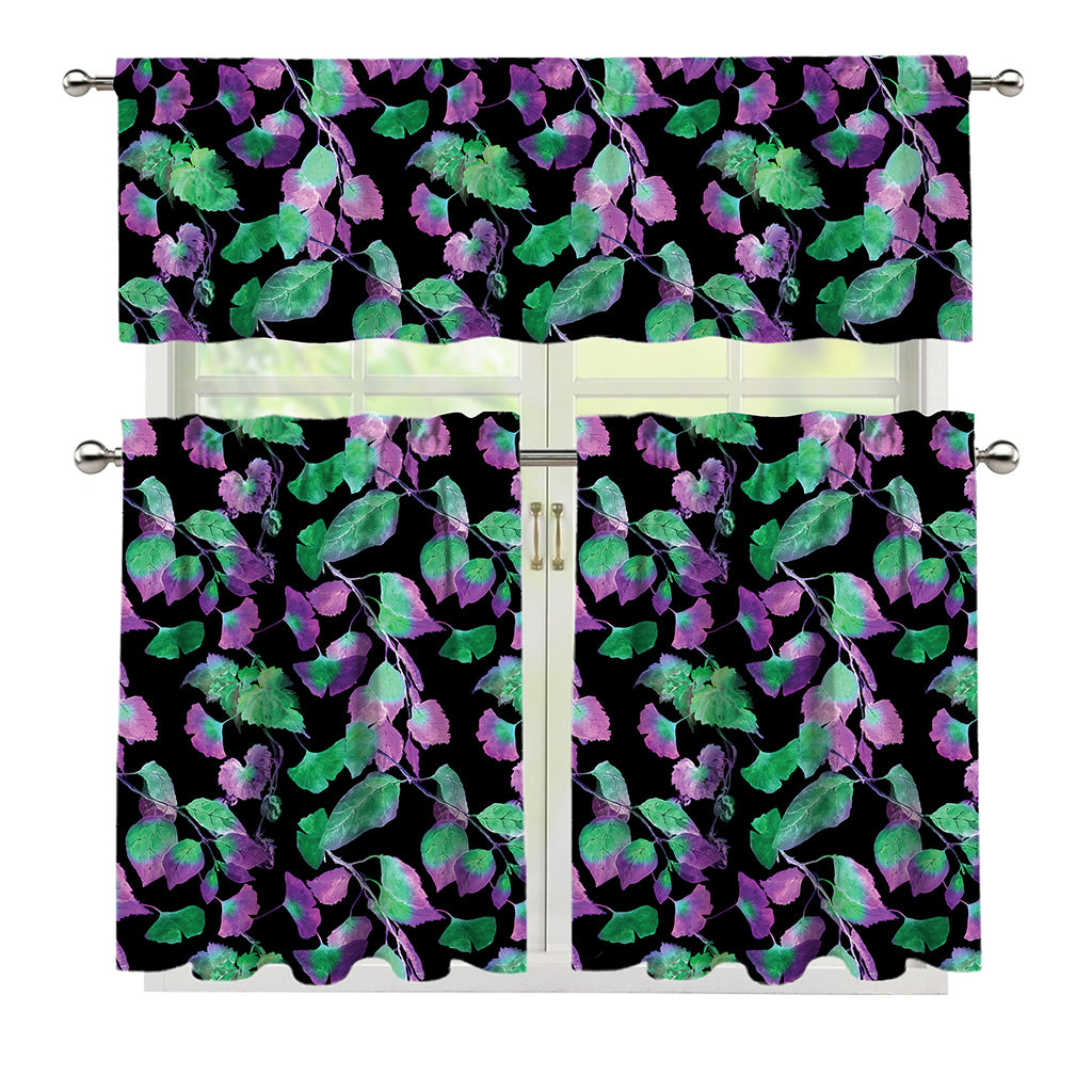 Purple And Green Leaf Pattern Print 3 Piece Kitchen Curtains