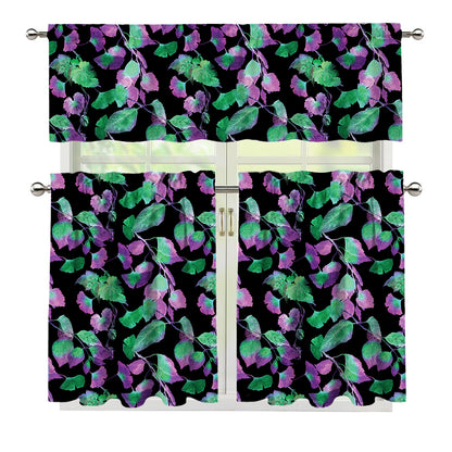 Purple And Green Leaf Pattern Print 3 Piece Kitchen Curtains