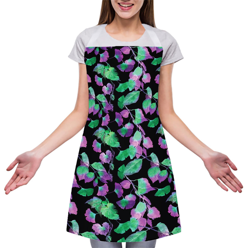Purple And Green Leaf Pattern Print Adjustable Apron