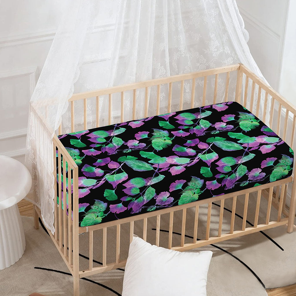 Purple And Green Leaf Pattern Print Baby Crib Sheet