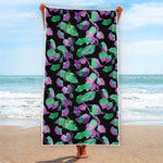 Purple And Green Leaf Pattern Print Beach Towel