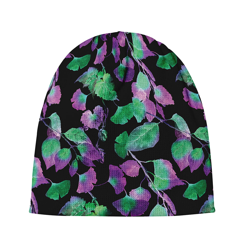 Purple And Green Leaf Pattern Print Beanie