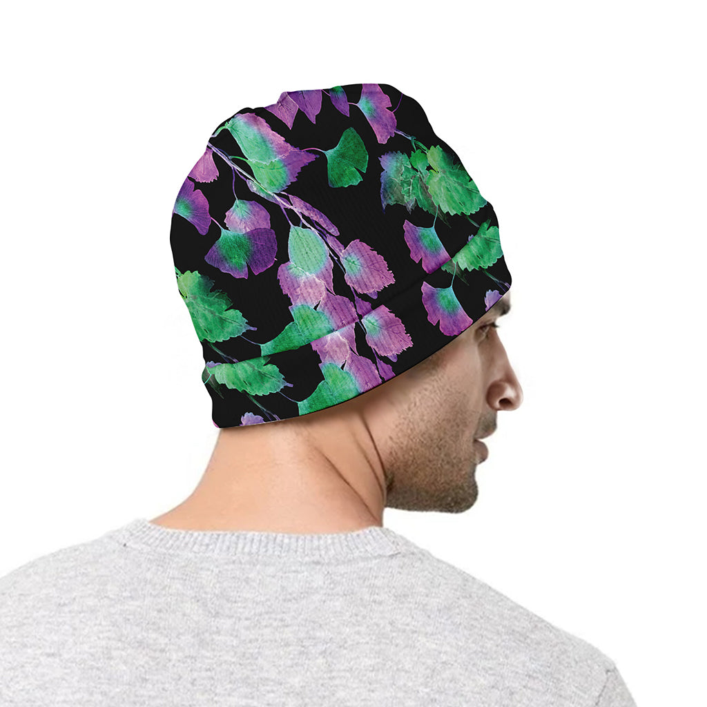 Purple And Green Leaf Pattern Print Beanie