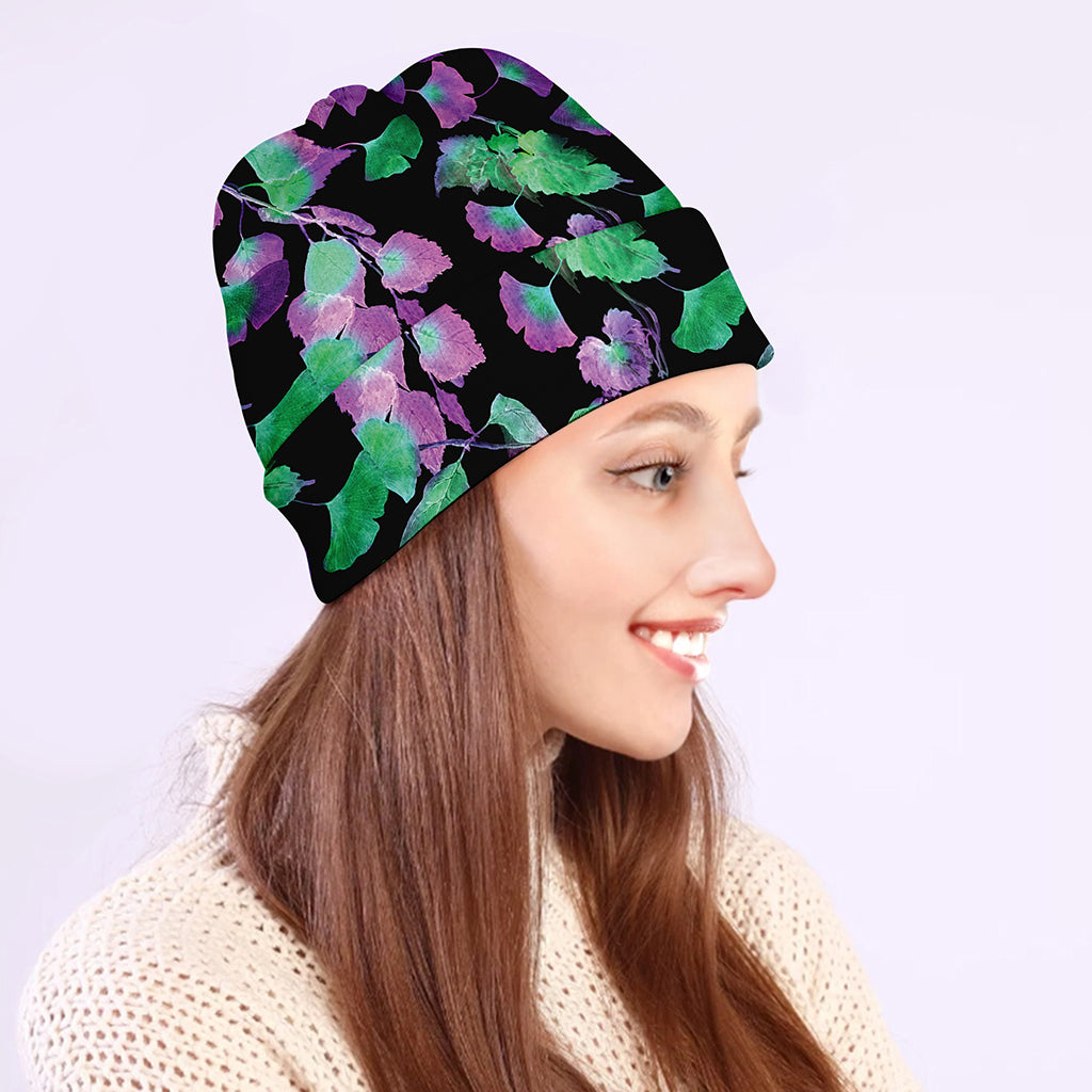 Purple And Green Leaf Pattern Print Beanie