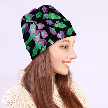 Purple And Green Leaf Pattern Print Beanie