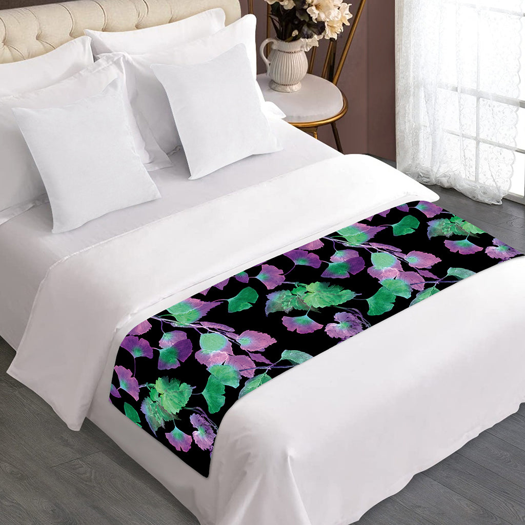 Purple And Green Leaf Pattern Print Bed Runner