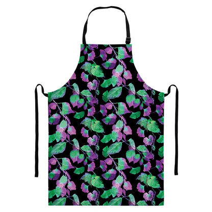 Purple And Green Leaf Pattern Print Bib Apron With Pocket