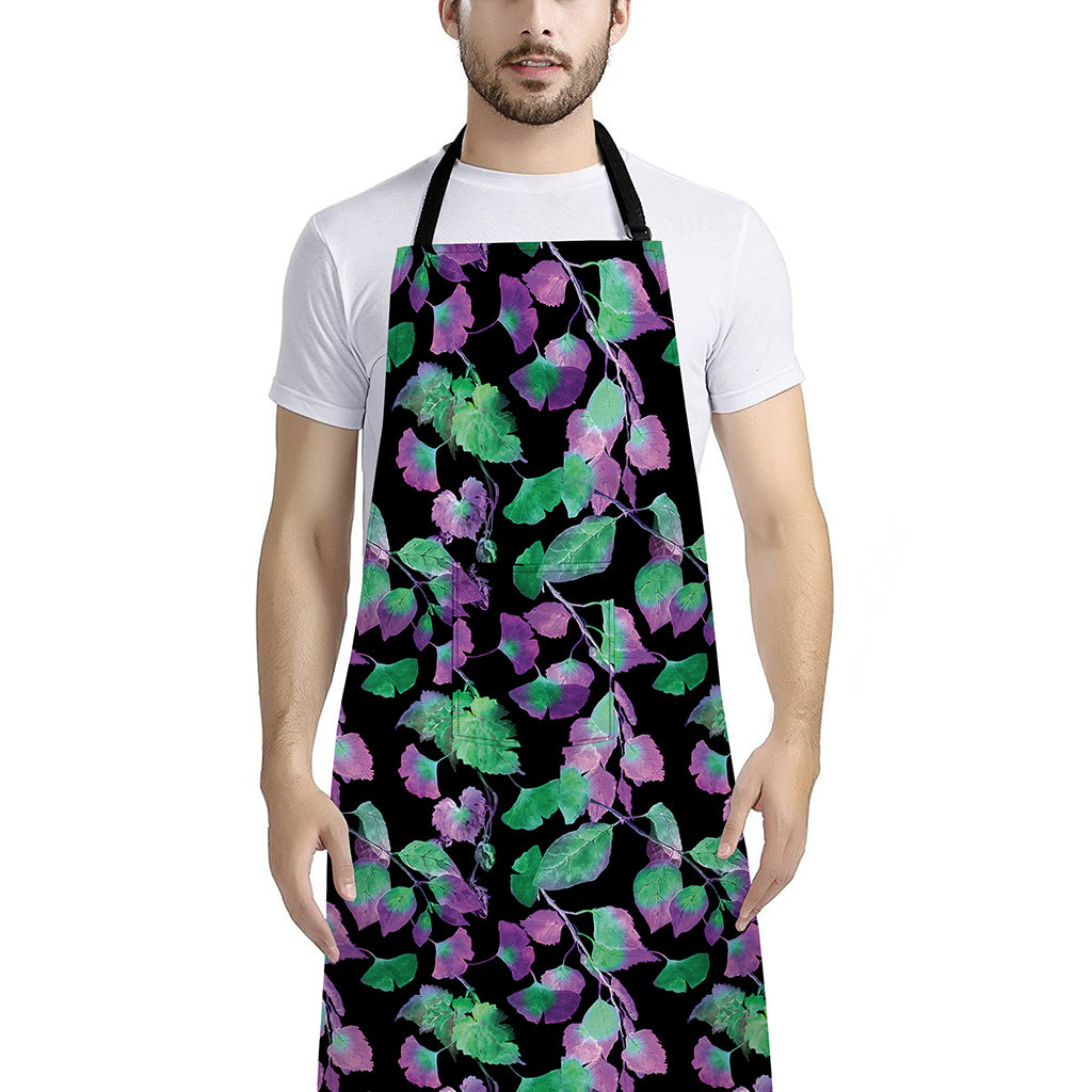 Purple And Green Leaf Pattern Print Bib Apron With Pocket